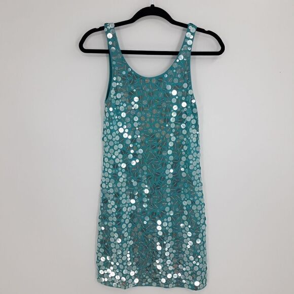 VENUS Dress Disco Mermaid Sequined Tank Mini Scoop Neck Aqua Watercolor Size S - Picture 6 of 11